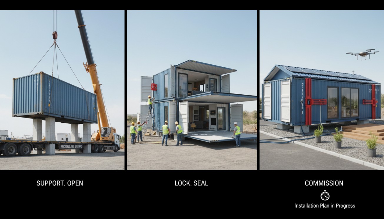 Three-stage expandable house deployment sequence showing support, opening, locking, sealing and commissioning